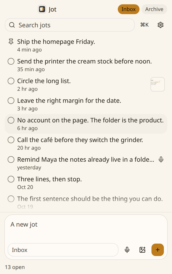 The Jot inbox on the paper theme, filled with notes, including a pinned note, an annotated image, and a dictation.